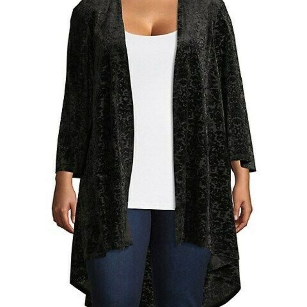 Design Lab Lord & Taylor Black Velvet Open Front Duster Cardigan